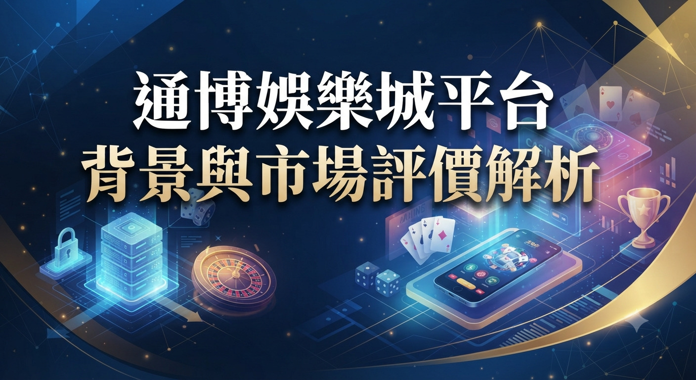這張圖片以深藍色科技感為背景，中央醒目地呈現了「通博娛樂城平台背景與市場評價解析」的主標題。 畫面下方點綴著伺服器、輪盤、智慧型手機及撲克牌等圖標，象徵線上娛樂城的數位平台與市場分析主題。