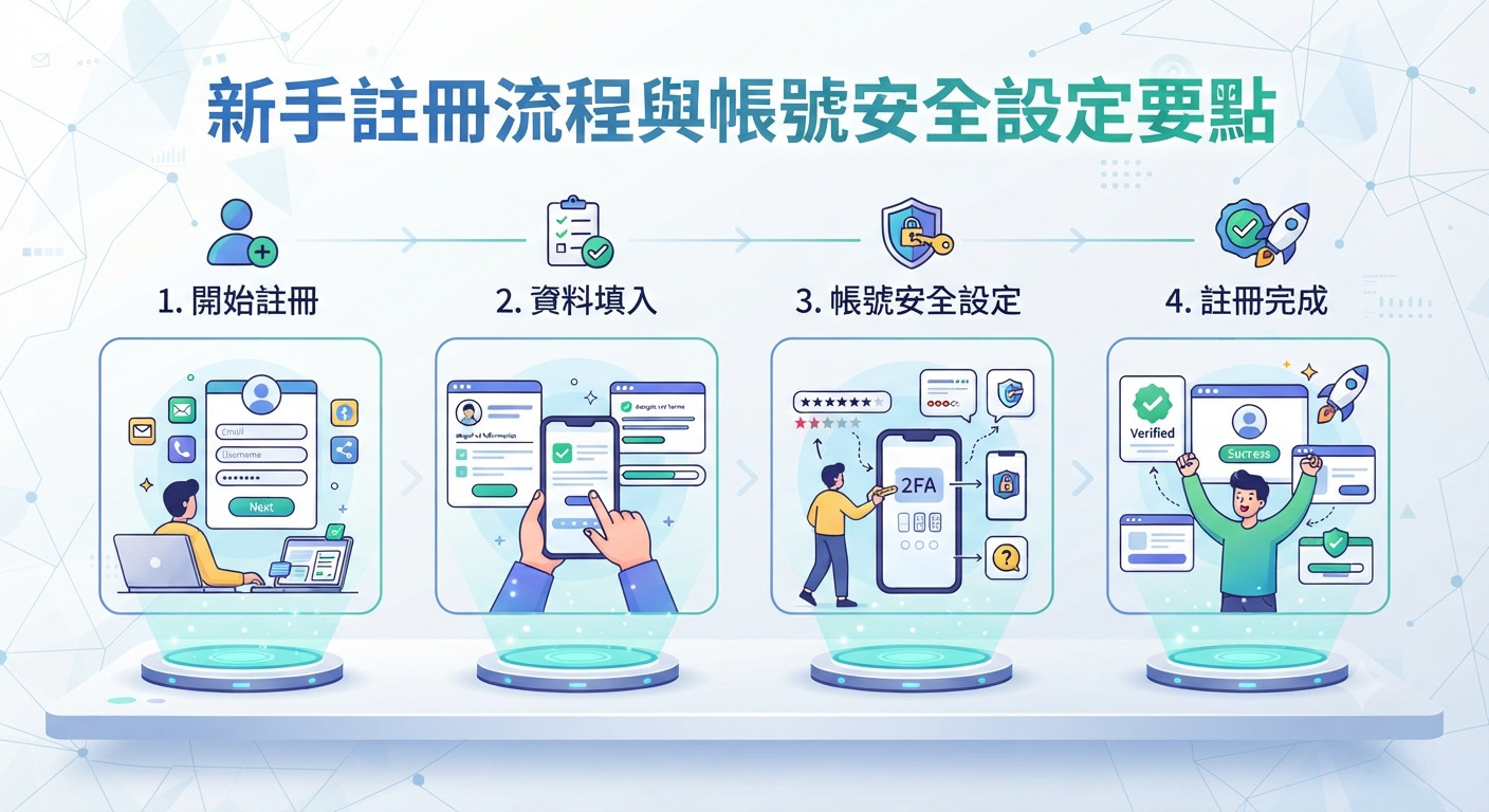 圖片展示了新手註冊流程與帳號安全設定要點的視覺化圖解，包含步驟圖示與科技感背景。 整體設計以藍色系為主調，清晰呈現從開始註冊到帳號安全設定完成的完整指引。