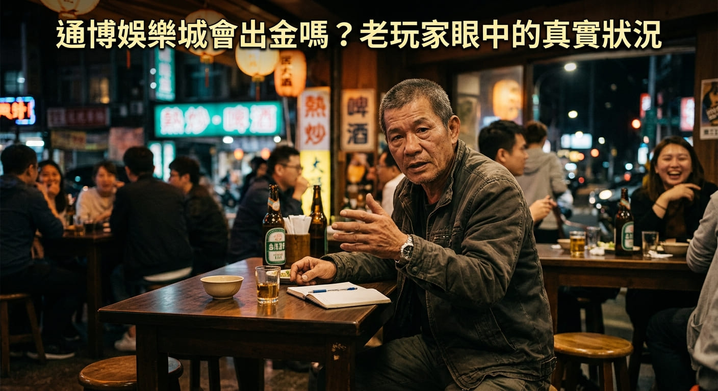 這張照片展現了一位老玩家在夜間熱炒店聚會時，神情認真地分享經驗的真實場景。 上方顯眼地標註著標題：「通博娛樂城會出金嗎？老玩家眼中的真實狀況」。