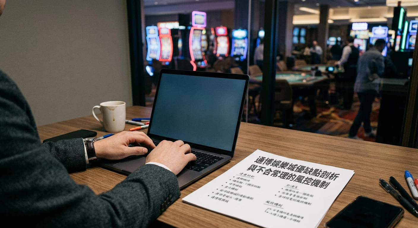 這張圖片展示了一個人在博彩背景的環境中操作手提電腦，桌上記錄著分析資料。 紙張上印有標題「通博娛樂城優缺點剖析與不合常理的風控機制」，呈現專注於平台風險評估的情境。