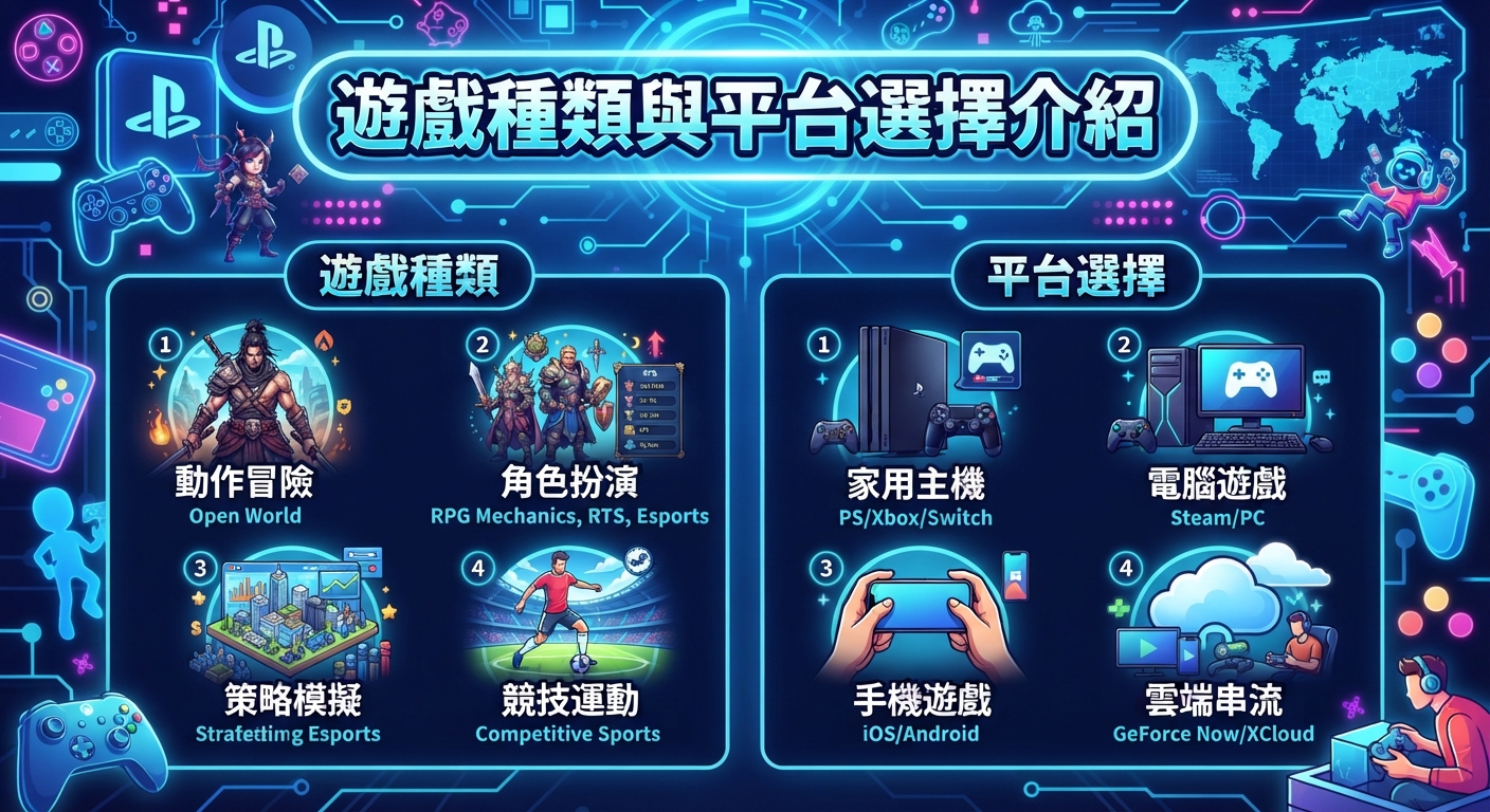 這是一張關於「遊戲種類與平台選擇介紹」的資訊圖表。 圖中清楚分類並展示了各類遊戲風格以及對應的遊玩平台選項。