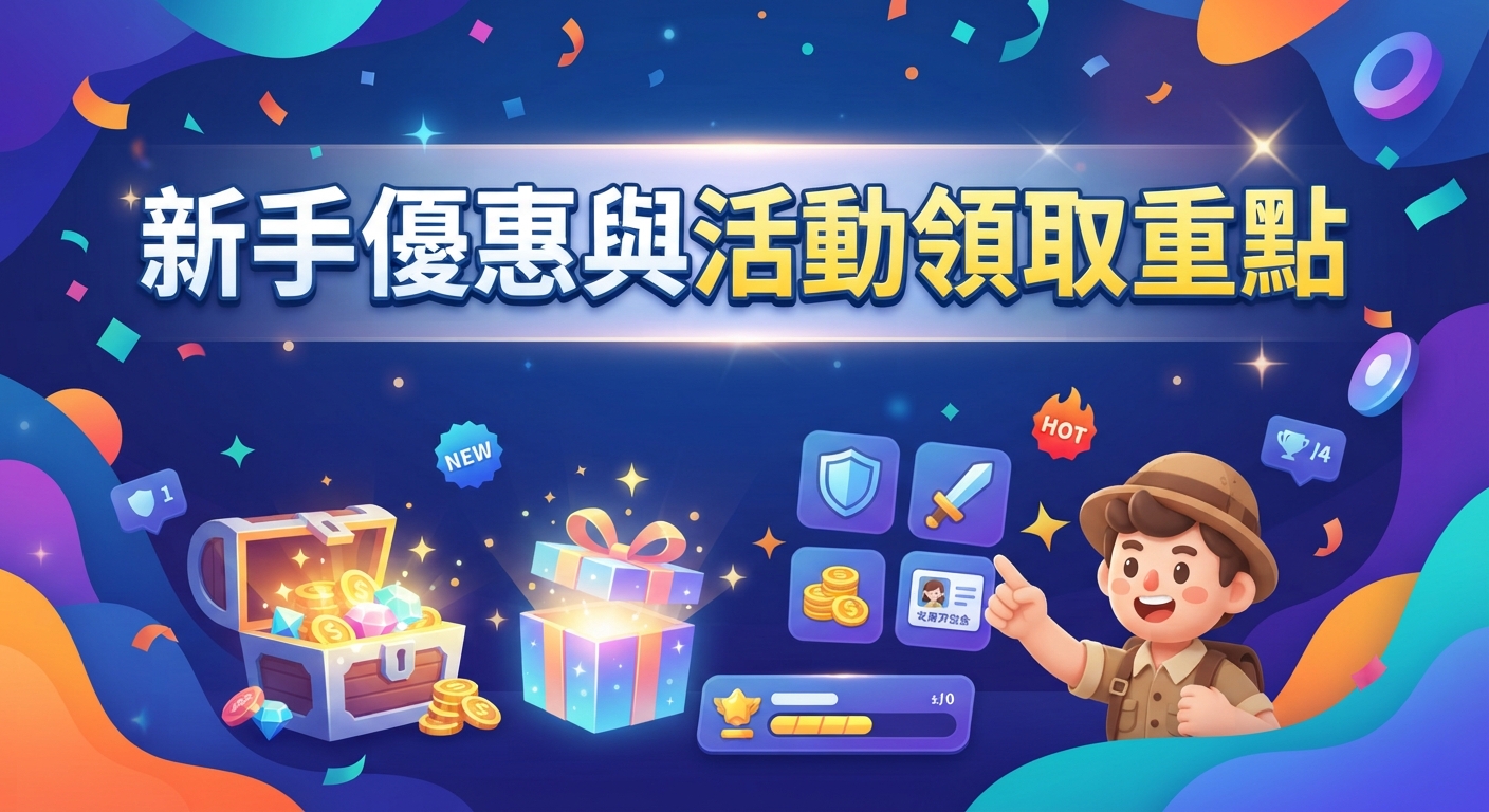 這是一張色彩繽紛的遊戲風格宣傳圖。 上方醒目地寫著「新手優惠與活動領取重點」,下方則有寶箱、禮物盒和可愛的角色點綴。